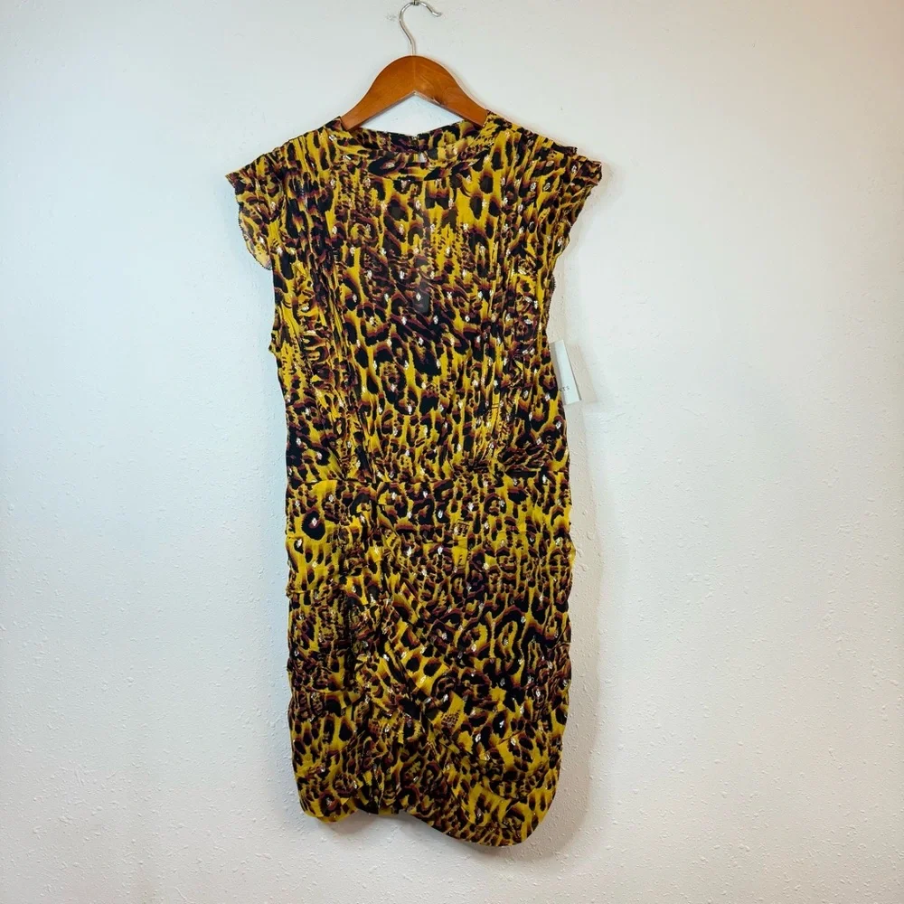 All Saints Hali Pleated Leopard Notes Yellow Multi Mini Dress Size 8 NWT - Picture 9 of 16